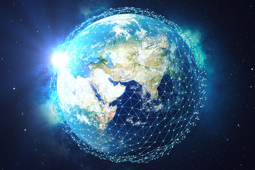 3D rendering Network and data exchange over planet earth in space. Connection lines Around Earth Globe. Blue Sunrise. Global International Connectivity. Elements of this image furnished by NASA