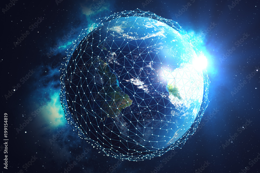 Poster 3d rendering network and data exchange over planet earth in space. connection lines around earth glo