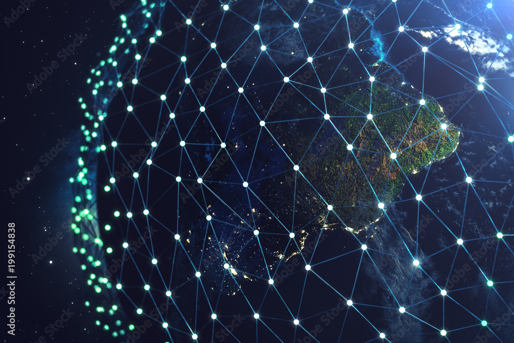 Poster 3d rendering network and data exchange over planet earth in space. connection lines around earth glo