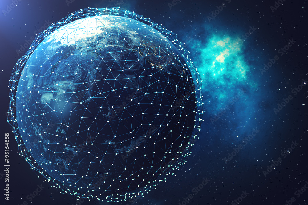 Poster 3d rendering network and data exchange over planet earth in space. connection lines around earth glo