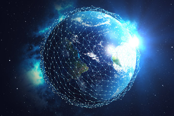 3D rendering Network and data exchange over planet earth in space. Connection lines Around Earth Globe. Blue Sunrise. Global International Connectivity. Elements of this image furnished by NASA