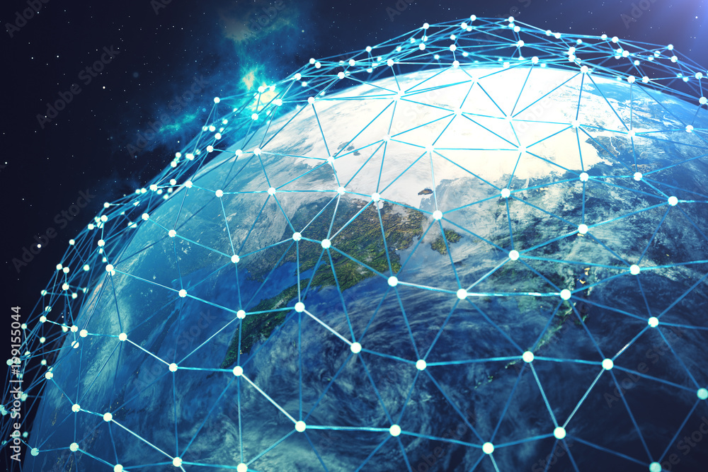Poster 3d rendering network and data exchange over planet earth in space. connection lines around earth glo