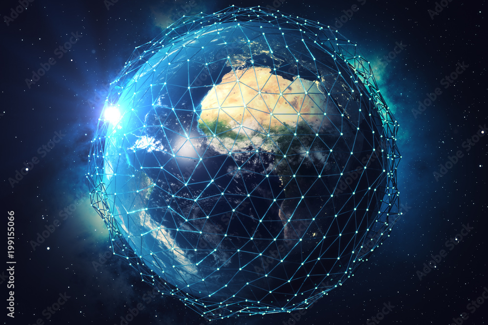 Poster 3d rendering network and data exchange over planet earth in space. connection lines around earth glo