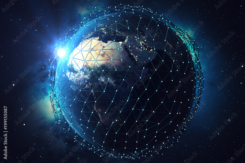 Poster 3d rendering network and data exchange over planet earth in space. connection lines around earth glo