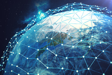 3D rendering Network and data exchange over planet earth in space. Connection lines Around Earth Globe. Global International Connectivity. Elements of this image furnished by NASA