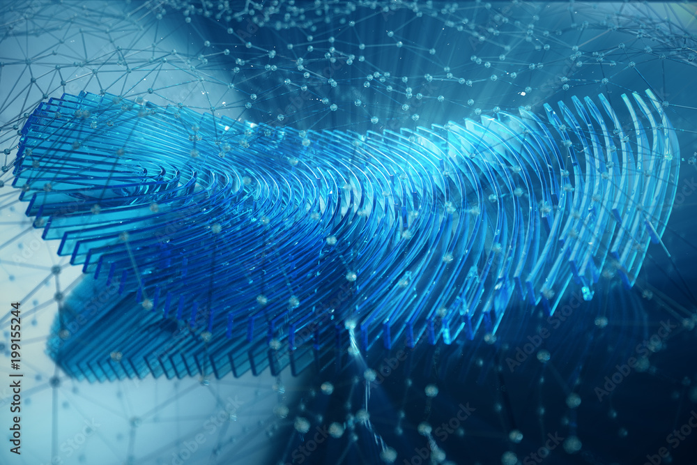 Poster 3d rendering fingerprint scanning identification system. fingerprint scan provides security access w