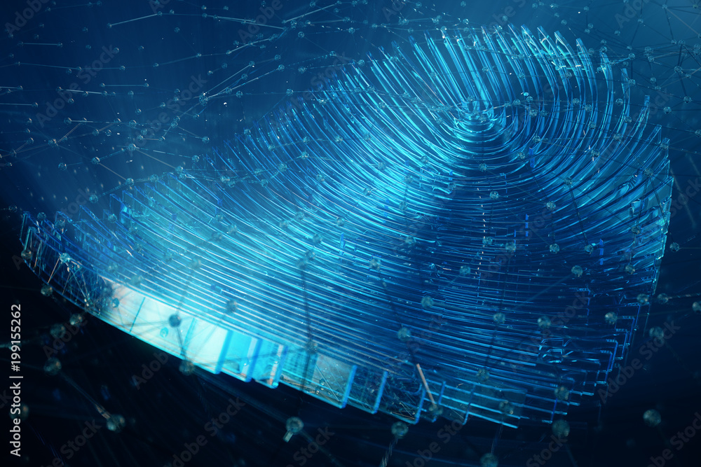 Poster 3d illustration fingerprint scan provides security access with biometrics identification. concept fi