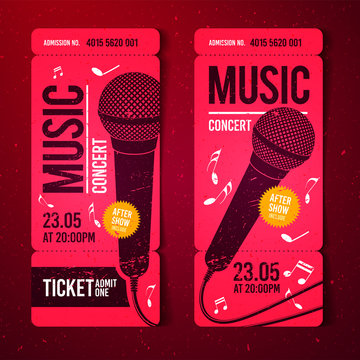 vector illustration red music concert ticket design template with microphone and cool grunge effects in the background