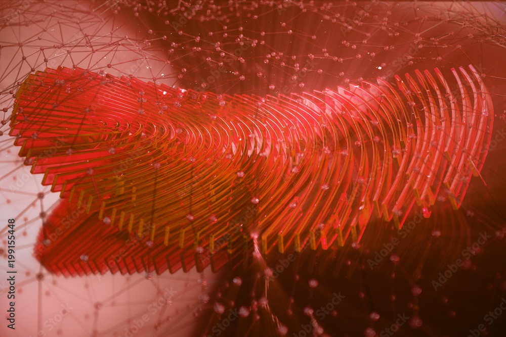 Poster 3d illustration fingerprint scan provides security access with biometrics identification. personal d