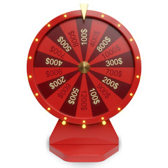 3d illustration red wheel of luck or fortune. Realistic spinning fortune wheel. Wheel fortune isolated on white background.