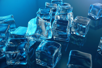 3D rendering ice cube on blue tint background. Frozen water cube