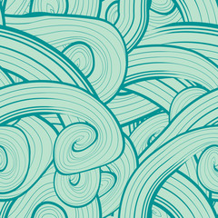 Seamless abstract hand-drawn pattern, waves background. Wavy background. Vector. Ocean background. Design in emerald, aqua, blue colors. Trendy design. Seamless wavy pattern.