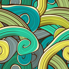 Seamless abstract hand drawn waves pattern. Wavy background. Ocean background. Background design in green, aqua, blue colors. Vintage design. Seamless floral pattern can be used for web, wallpaper