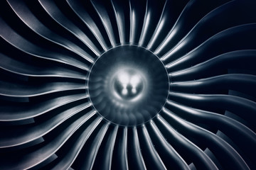 Fototapeta 3D Rendering jet engine, close-up view jet engine blades. Blue tint. obraz