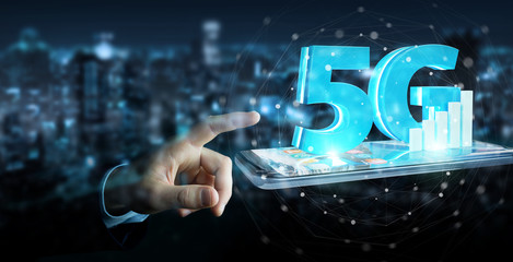 Businessman using 5G network with mobile phone 3D rendering