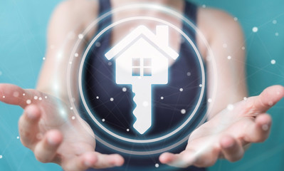 Businesswoman using real estate digital interface 3D rendering