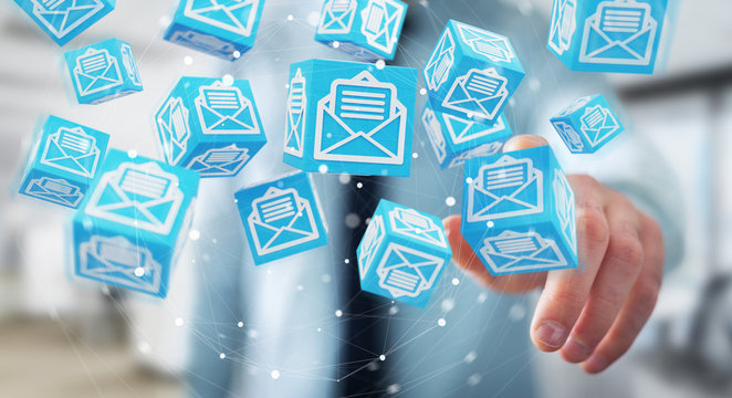 Businessman using floating cube emails 3D rendering