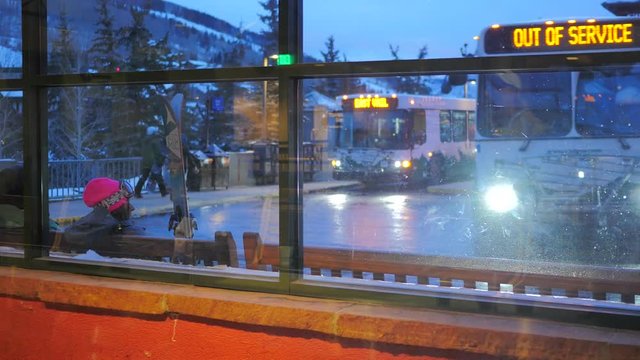 Ski Resort Bus Station Waiting For A Ride.