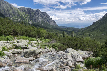 Mengusovska dolina, Hincov potok, amazing stony hiking trail to hight mount Rysy over mountain stream, High Tatra mountains