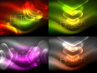 Set of abstract backgrounds. Blurred arrows in dark space. Neon pointers, glass glossy design, abstract techno background, web banner