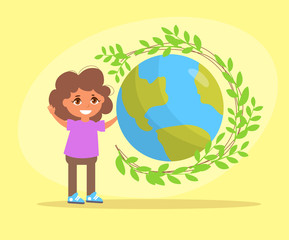 Earth day Vector, girl with globe.