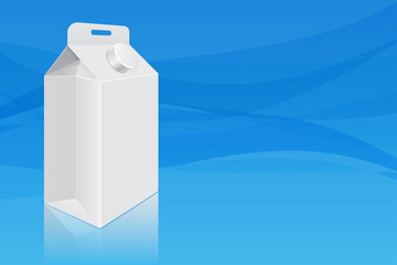 Milk cardboard packaging on blue background. Universal liquid container