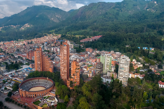 Plaza de toro in Bogota aerial view with city around Colombia.