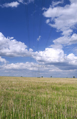 Fototapeta premium Power Lines: A 110 KV and a 220 KV high-voltage power line crossing over a stubblefield in Eastern Thuringia