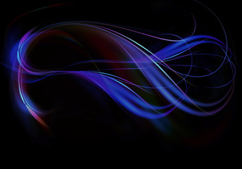 Abstract glowing, twisted and intertwined curved streams of blue and purple stripes with blue waves on black background


