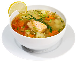 Fish soup isolated on white with clipping path.