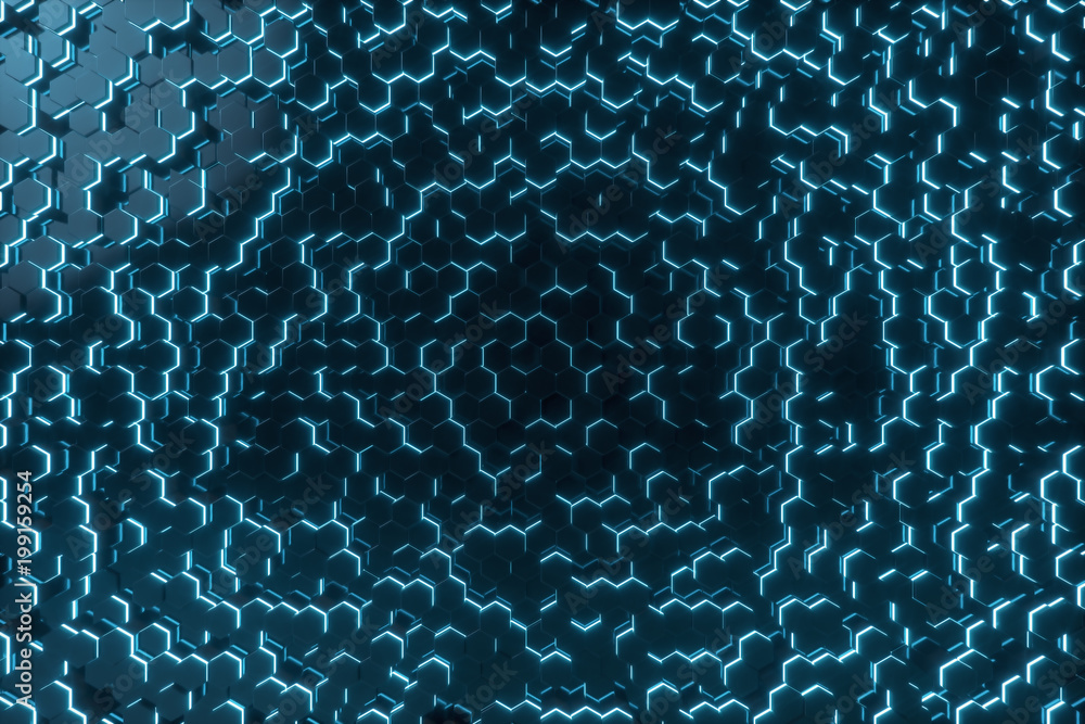 Poster abstract blue of futuristic surface hexagon pattern with light rays, 3d rendering