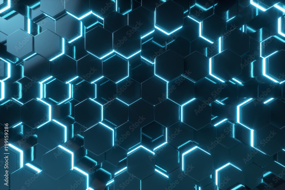 Poster abstract blue of futuristic surface hexagon pattern with light rays, 3d rendering