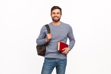 Smart student with book and backpack - obrazy, fototapety, plakaty