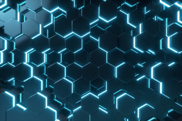 Abstract blue of futuristic surface hexagon pattern with light rays, 3D Rendering