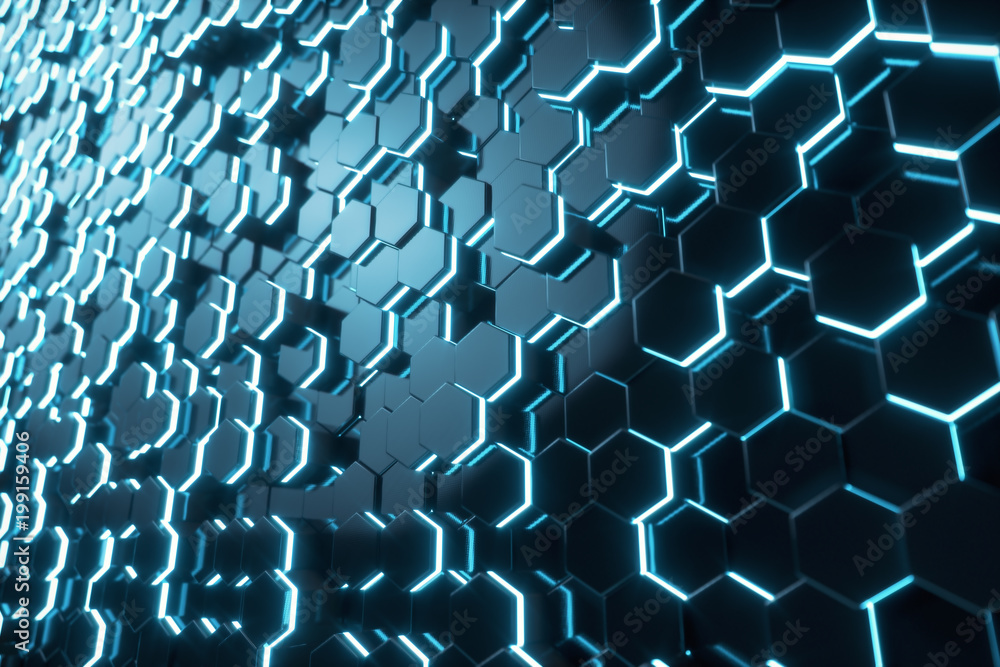 Poster abstract blue of futuristic surface hexagon pattern with light rays, 3d rendering