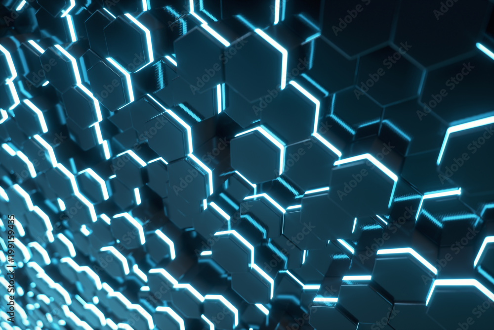 Poster abstract blue of futuristic surface hexagon pattern with light rays, 3d rendering