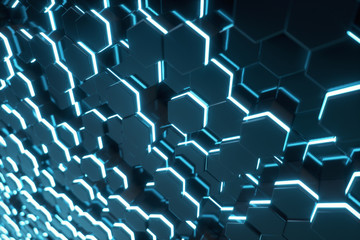 Abstract blue of futuristic surface hexagon pattern with light rays, 3D Rendering