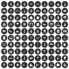 100 amusement icons set black circle