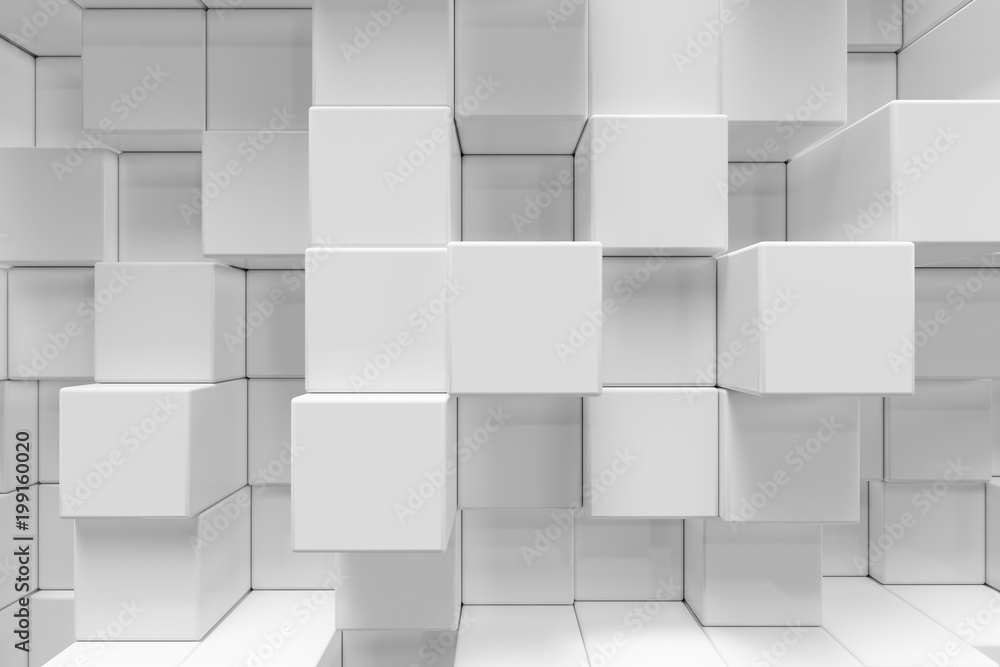 Aufkleber white geometric cube, cubical, boxes, squares form abstract background. abstract white blocks. templ