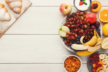 Fresh healthy breakfast with fruits copy space