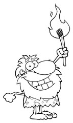 Black And White Caveman Cartoon Character Holding Up A Torch. Illustration Isolated On White Background