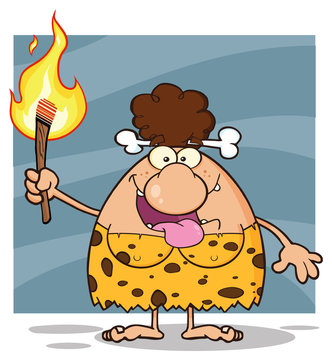 Happy Brunette Cave Woman Cartoon Mascot Character Holding Up A Fiery Torch. Illustration Isolated On White Background 
