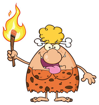 Smiling Cave Woman Cartoon Mascot Character Holding Up A Fiery Torch. Illustration Isolated On White Background