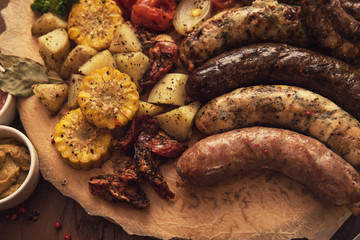 Grilled sausage with vegetables surved with sauce