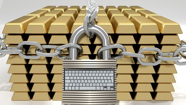 Stack of gold bars, protected and guarded by a big chain locked with a computer keybard padlock, symbolizes modern era digital, cyberspace security playing big role in finances and wealth management