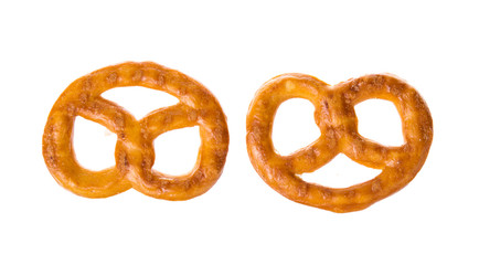 Tasty salt pretzels isolated on white background