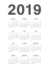 European 2019 year vector calendar