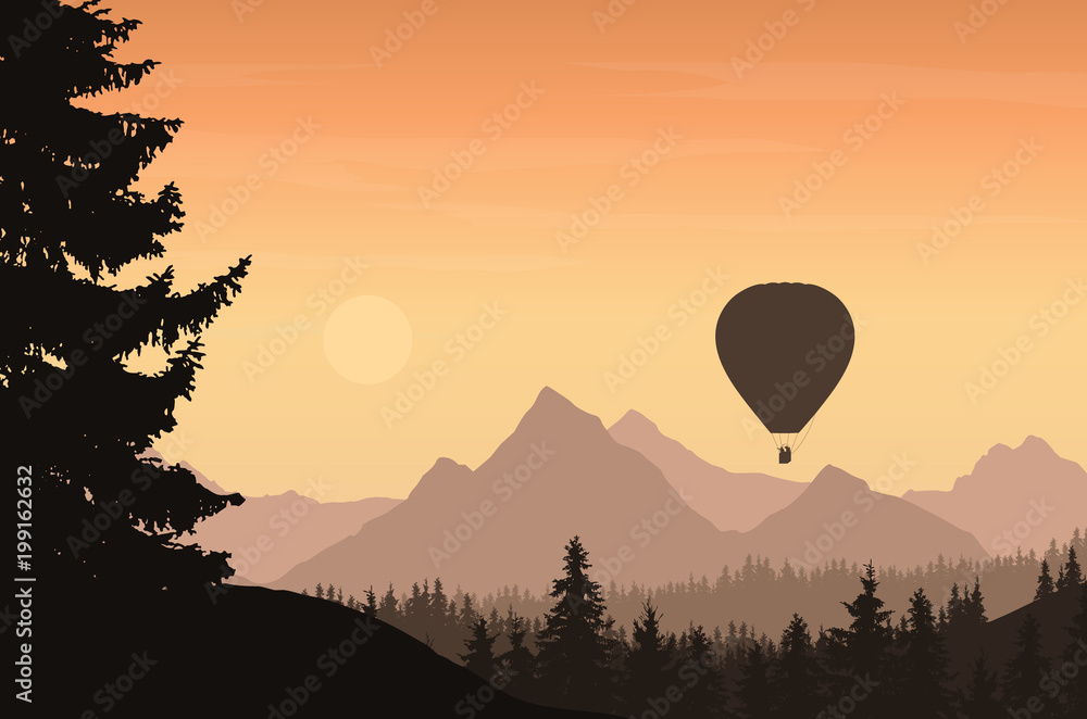 Wall mural Mountain landscape with forest and flying hot air balloon with tourists, under orange sky