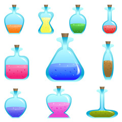 Set of cartoon potion bottles of different shape for a game. Vector illustration isolated on white background.