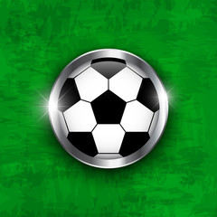 Obraz premium Football icon . Soccer ball with glass covered and metal edge on green color grass texture background . Vector for international world championship tournament